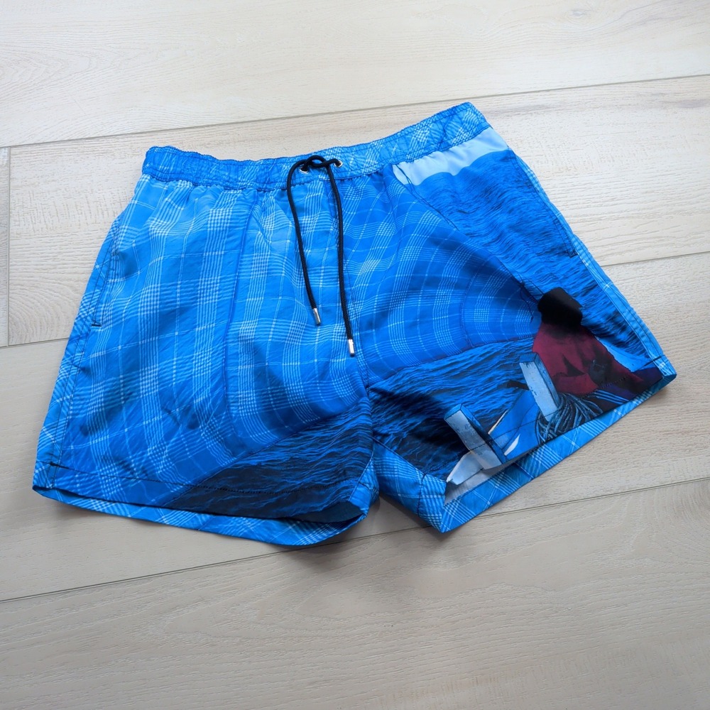 Paul Smith Swim Trunks Shorts Mens M Blue Plaid Check Ocean Graphic Mesh Lined